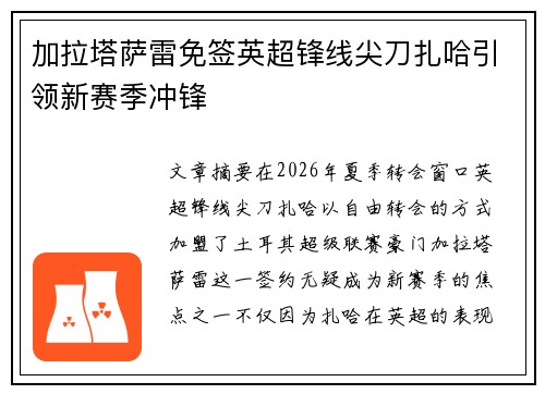 加拉塔萨雷免签英超锋线尖刀扎哈引领新赛季冲锋 加拉塔萨雷免签英超锋线尖刀扎哈引领新赛季冲锋
